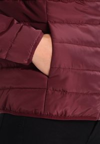 Tmavě červená péřová bunda s prošitou texturou, s boční kapsou a elastickými manžetami. Hladká vnější látka a zakončení spodního lemu.