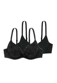 Soutiens-gorge en dentelle noire et rembourrés avec des bretelles ajustables ; l'un présente un motif floral, tandis que l'autre est lisse et sans couture.