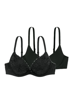 Black lace and padded bras with adjustable straps; one features a floral pattern, while the other is smooth and seamless.