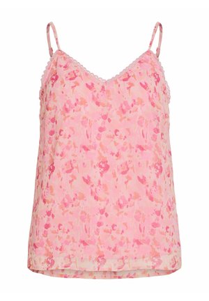 Roze mouwloze cami met dunne verstelbare bandjes en een zacht bloemenpatroon in verschillende tinten roze en perzik.