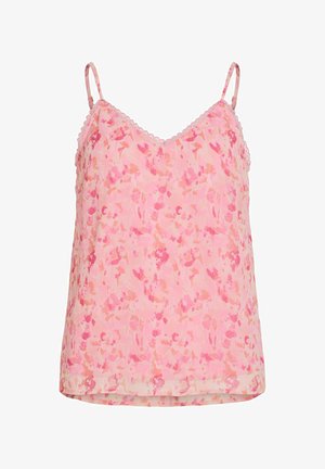 Różowa bezrękawnikowa koszulka na cienkich regulowanych ramiączkach z delikatnym kwiatowym wzorem w różnych odcieniach różu i brzoskwini.