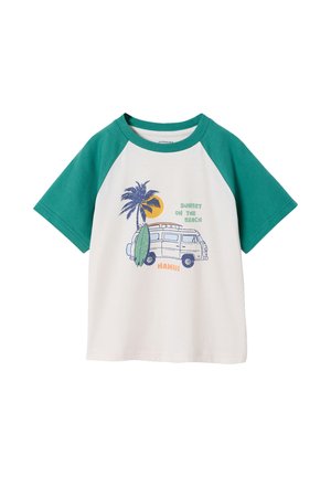 Short-sleeve white t-shirt with green sleeves, featuring a graphic of a van, palm tree, surfboard, and text "Sunset on the Beach Hawaii."