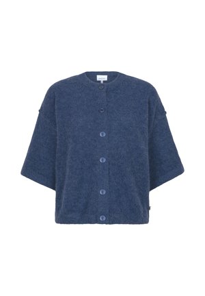 Blauwe, zachte kortermige cardigan met ronde hals en zes knopen aan de voorkant, gemaakt van zacht, gestructureerd stof.