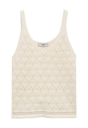 Kremno obarvan crop top z teksturirano kvačeno mrežico, ki ima širok izrez in tanke naramnice.