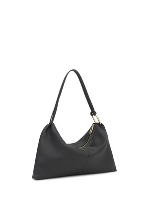 Borsa a tracolla in pelle nera con una sola cinghia, cerniera dorata e parti metalliche dorate su sfondo bianco.