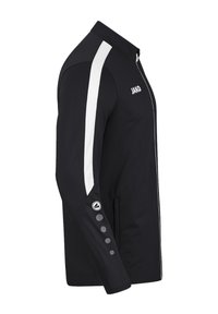 Schwarze Sportjacke mit weißen Seitenstreifen, Stehkragen und sichtbarem Logo. Verfügt über strukturierte Ärmeldetails und funktionale Taschen.