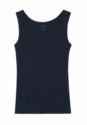 Canotta in cotone blu navy con ampio scollo a barca, senza maniche e una texture liscia. Presenta un'etichetta del marchio all'interno.