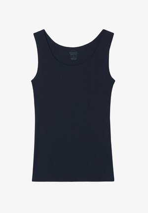 Navyblaues Baumwolltanktop mit weitem Rundhalsausschnitt, ärmellosem Design und glatter Textur. Mit einem Markenetikett innen.