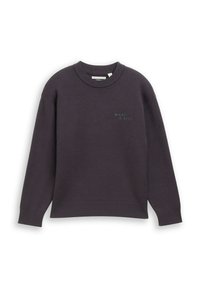 Donkergrijze sweatshirt met ronde hals, voorzien van ribbels aan de mouwen en de zoom, met kleine tekst "WHAT A VIBE" op de linkerborst.