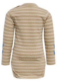 Beige langarmshirt met witte verticale strepen en blauwe accenten op de mouwen. Zachte stof, ronde halslijn en zijsplitten.
