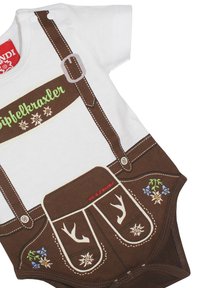Weißer kurzärmeliger Body mit bedruckten braunen Lederhosen, roten Geweihdetails, floralen Mustern und Druckknöpfen an der Schulter und im Schritt.
