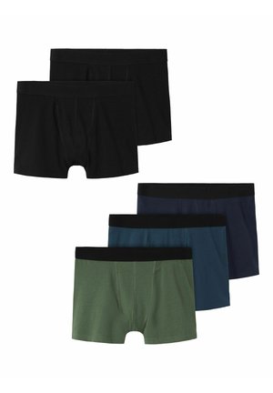 Cinq paires de boxers pour hommes en noir, vert, bleu foncé, teal et marine. Fabriqués en tissu doux avec des bandeaux élastiques noirs et des détails de couture.