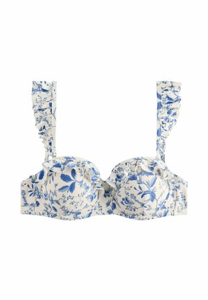 White bra with blue floral pattern and ruffled straps, structured cups with ruched details.