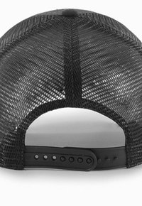 Black mesh trucker cap with a solid black fabric front panel, adjustable plastic snapback closure, and reinforced stitching on the seams.
