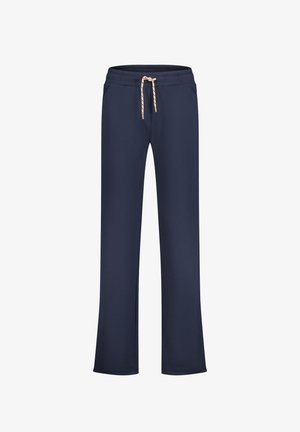 Pantalons de survêtement bleu marine avec une taille élastique, détail de cordon de serrage, design à jambes droites et texture de tissu douce. Pas de poches incluses.