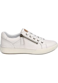 White leather sneaker with round toe, lace-up front, side zipper, and a textured rubber sole. Features a subtle tan accent on the tongue.