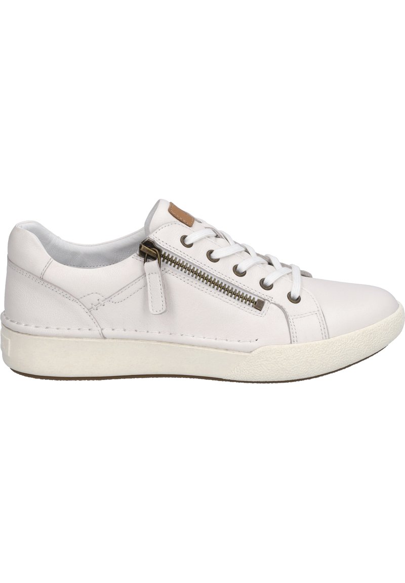 White leather sneaker with round toe, lace-up front, side zipper, and a textured rubber sole. Features a subtle tan accent on the tongue.