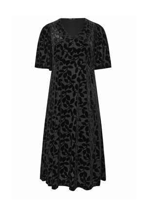 Vestido negro con escote en V, mangas cortas abullonadas y forma en A. Presenta un patrón texturizado de hojas en diferentes tonos de negro.