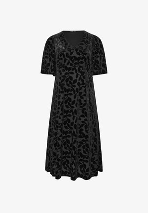 Vestido negro con escote en V, mangas cortas abullonadas y forma en A. Presenta un patrón texturizado de hojas en diferentes tonos de negro.