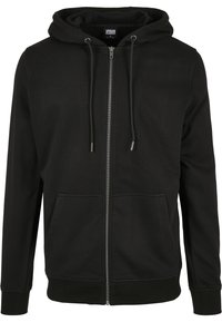 Sudadera con cremallera negra hecha de una mezcla de algodón. Cuenta con una capucha con cordón, dos bolsillos frontales y puños y dobladillo acanalados. Diseño simple.