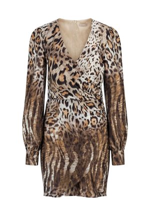 Šaty s tigrovaným vzorom v hnedých, krémových a čiernych tónoch. Majú strih typu wrap, dlhé balónové rukávy a zatváranie na zips na chrbte. Hladká textúra.