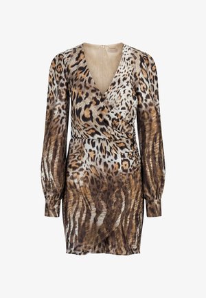 Abito con stampa leopardo in tonalità marrone, crema e nero. Presenta un design avvolgente, maniche lunghe a pallone e una chiusura con zip sul retro. Tessuto morbido.
