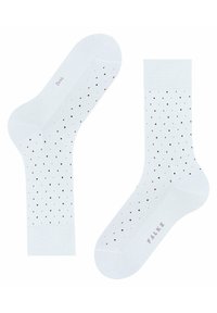 Weiße Socken mit schwarzen und pinken Punkten. Material aus Baumwollmischung, gerippte Bündchen und dezentes Branding an der Seite. Standard Knöchellänge.