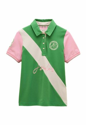 Grøn poloshirt med pink ærmer, hvid diagonalstribe, pink "Joules"-skrift og rundt logo på brystet, med krave og knaplukning.