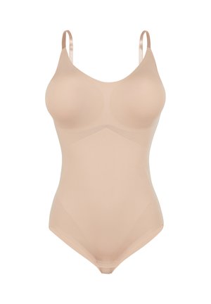 Beige body met een gladde stof, voorzien van een ronde hals en verstelbare bandjes. Het ontwerp is naadloos met een aansluitend silhouet.
