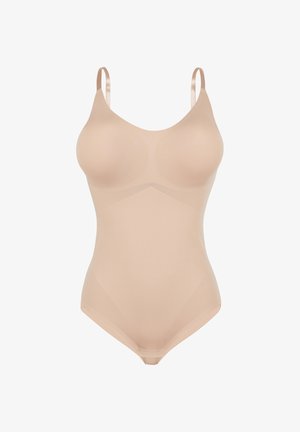 Bodies beige fabricados con tejido suave, con escote en forma de U y tirantes ajustables. Diseño sin costuras y silueta ceñida.