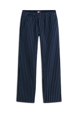 Pantalones azul marino con rayas verticales blancas, cintura elástica y corte recto y cómodo.