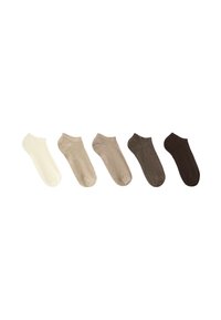 Cinq chaussettes basses alignées, chacune dans une teinte différente allant du crème au marron foncé, présentées sur un fond blanc.