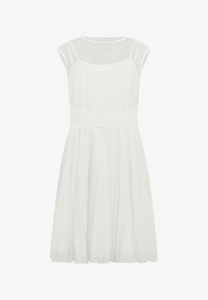 Witte jurk tot op de knie met kanten lijfje, doorschijnende kapmouwtjes en geplooide rok.