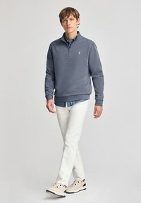 Grijze sweater met een kwart ritssluiting, gedragen over een spijkerblouse, gecombineerd met lichtgekleurde broek en beige sneakers. Eenvoudig ontwerp, zonder patronen.