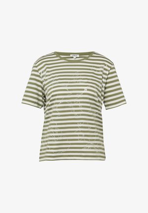 Korte mouwen olijfgroen-wit gestreepte katoenen T-shirt met subtiele bloemenapplicatie van pailletten en een ronde halslijn.