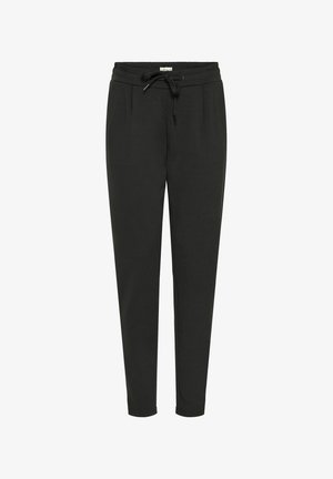 Black tapered sweatpants with elastic waistband and adjustable drawstring, featuring side pockets and a comfortable, casual fit.