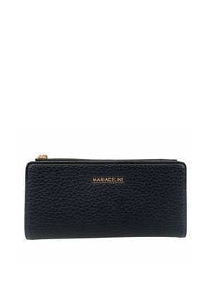 Portafoglio con zip in pelle nera con texture e logo dorato "MARIACELINE" centrato sul davanti.