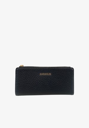 Portafoglio con zip in pelle nera con texture e logo dorato "MARIACELINE" centrato sul davanti.
