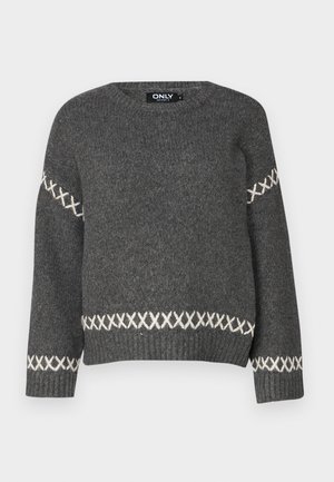 Dark gray knitted sweater with a crew neck, featuring white cross-stitch accents along the sleeves and hem. Smooth texture.