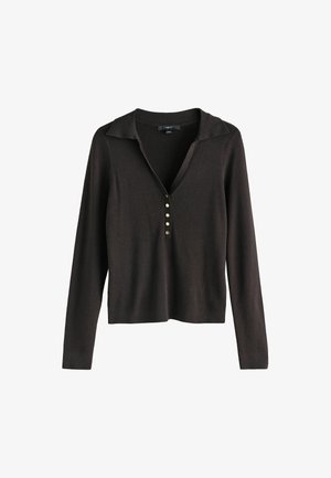 Brown long-sleeve sweater with a collared neckline, featuring five gold-tone buttons down the front and a soft, textured fabric.