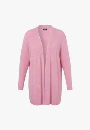 Rosa Strickjacke aus weichem Material, mit lockerer Passform, offenem Vorderteil und langen Ärmeln mit gerippten Bündchen. Keine Verschlüsse oder Muster.