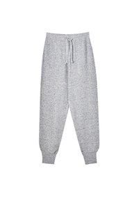 Pantalon de survêtement gris clair chiné avec taille élastique, cordon ajustable, jambes fuselées et poignets côtelés aux chevilles.