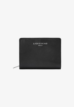Black leather wallet featuring a smooth texture, zip closure, and embossed logo on the front. Compact rectangular shape, minimalistic design.
