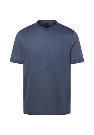 Einfarbiges marineblaues T-Shirt mit kurzen Ärmeln und Rundhalsausschnitt, mit einem kleinen schwarzen Etikett innen am Kragen auf weißem Hintergrund.