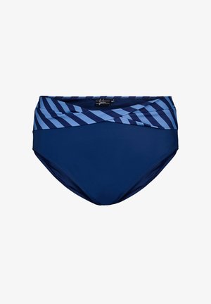 Mørkeblå badetrousers med høj talje, der har et mønstret lyseblåt bånd, lavet af strækbar stof, glat tekstur og fuld dækning.