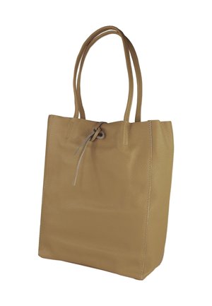 Beige leather tote bag with a textured surface, two shoulder handles, and a drawstring closure. Simple rectangular shape with no patterns.