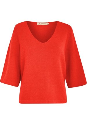 Red short-sleeve top with a V-neck design, made from lightweight fabric, featuring a loose fit and a smooth texture.