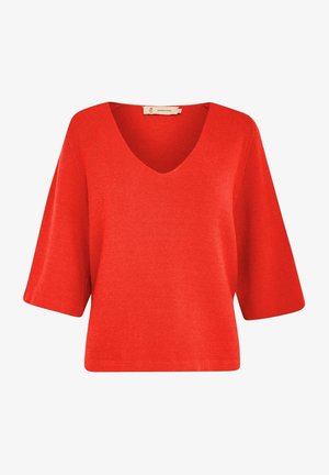 Red short-sleeve top with a V-neck design, made from lightweight fabric, featuring a loose fit and a smooth texture.