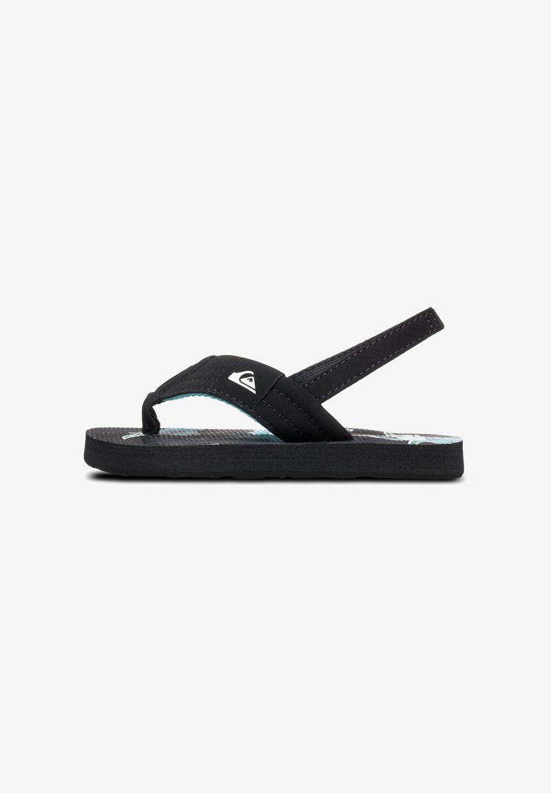 Sorte flip-flops med en tekstureret sål, der har en smal rem og et logo-accent. Ydersålen er fleksibel med en aqua-farvet indersålsdetalje.