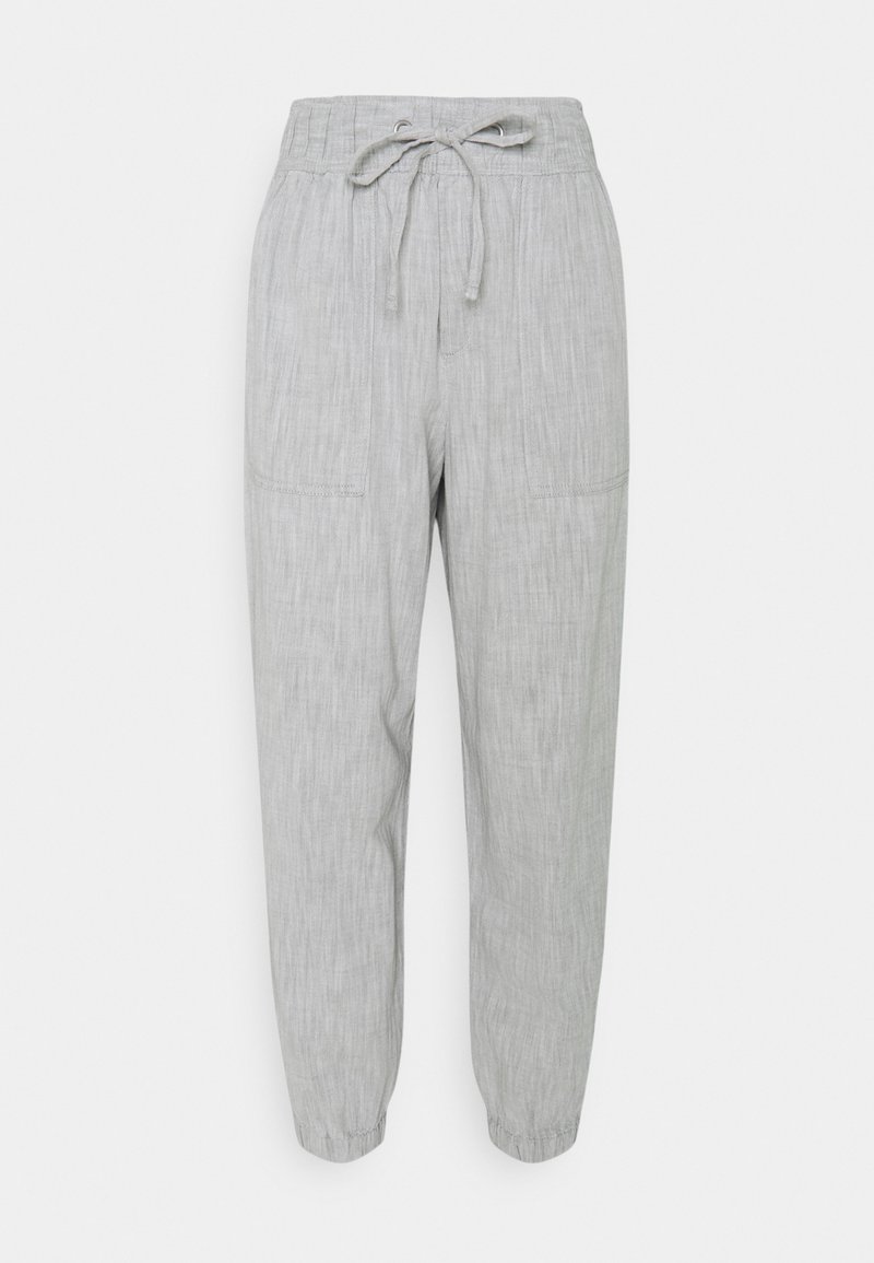 Pantalon décontracté gris clair avec taille élastique, cordon de serrage, poches plaquées à l'avant et bas élastiqués aux chevilles.
